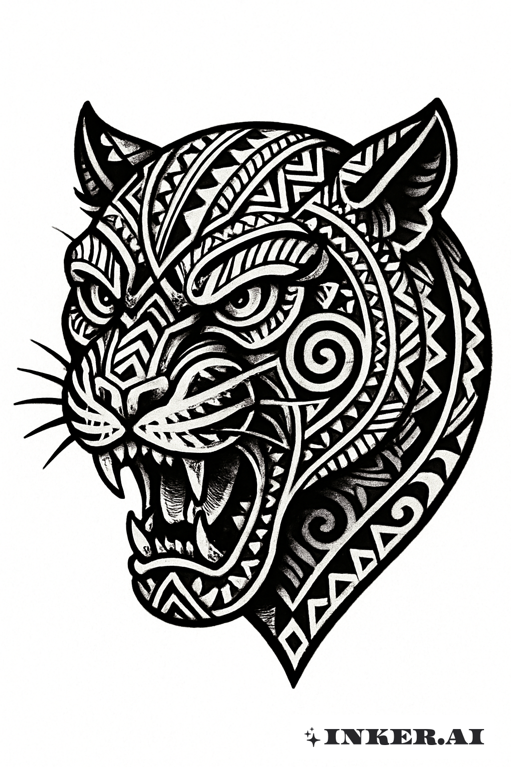 Pantherkopf mit polynesischen Zeichen