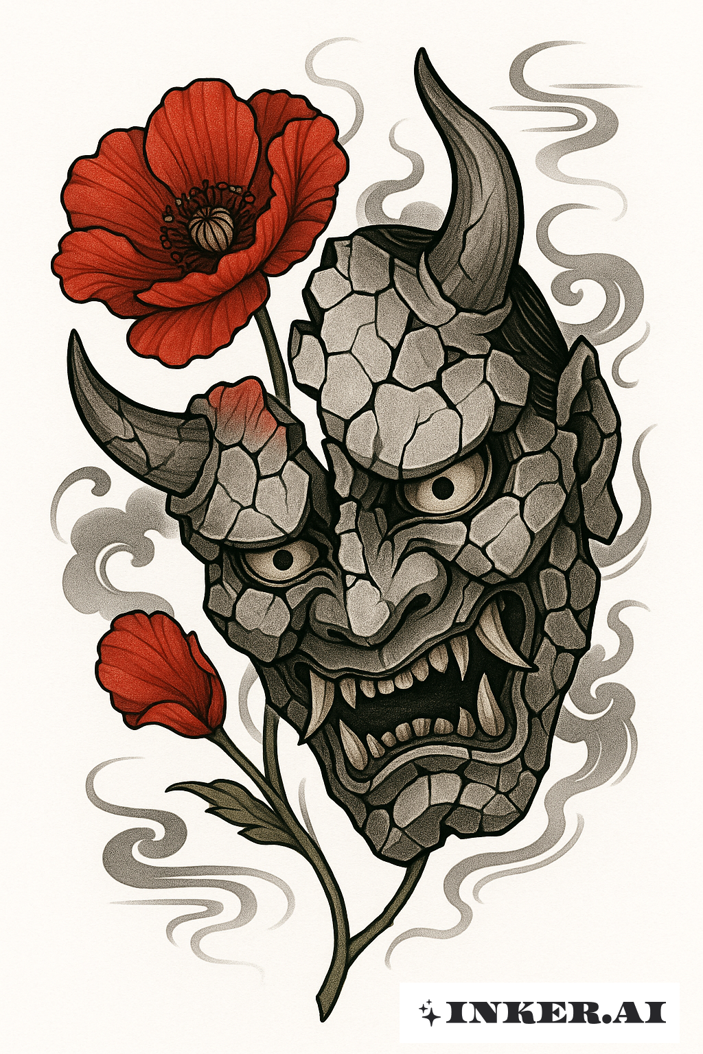 Broken Oni Mask with a Poppy