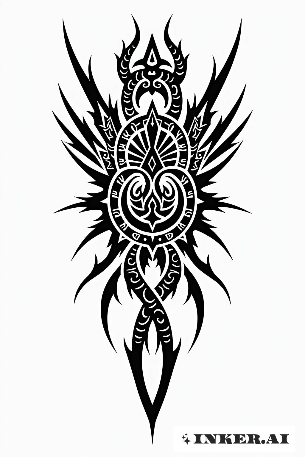 Ein Stammesdrache windet sich um ein Sonnensymbol, mit fetten Linien und reichen Mustern in Schwarz und Weiß.