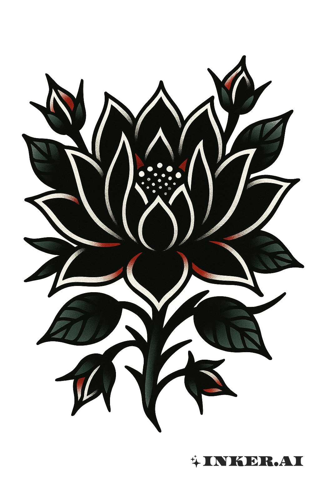 Das Tattoo zeigt einen kräftigen und traditionellen amerikanischen Stil mit einer auffällig detaillierten Lotusblume, umgeben von klassischen Elementen.