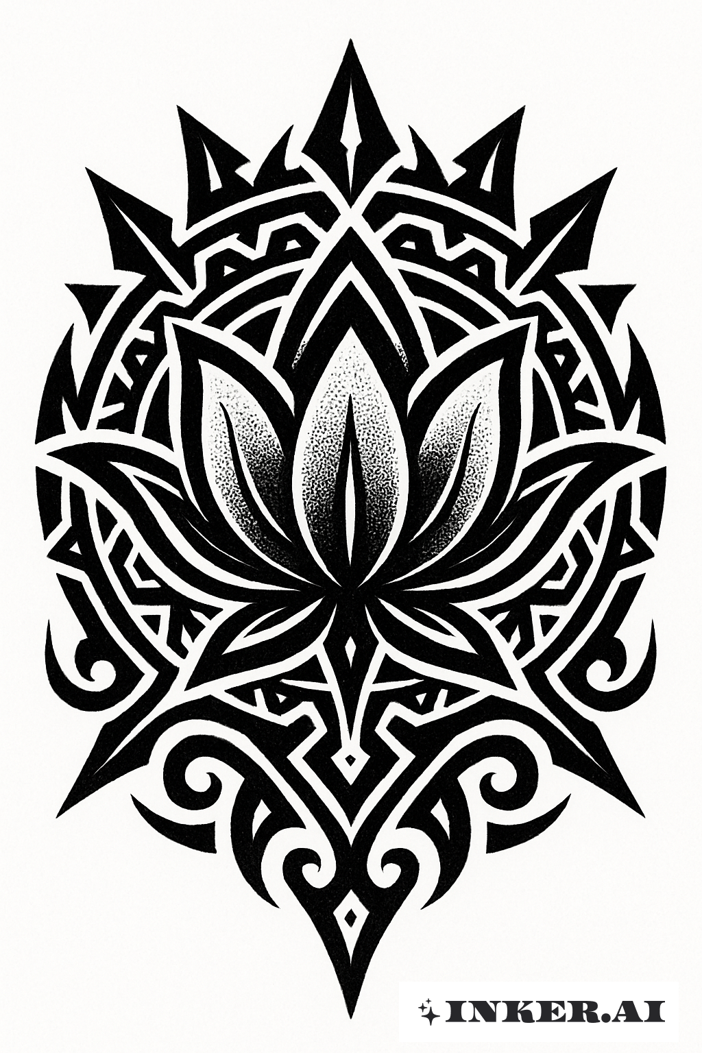 A detailed black ink tattoo depicting a lotus flower with intricate tribal patterns, showcasing bold lines and symmetrical design elements.