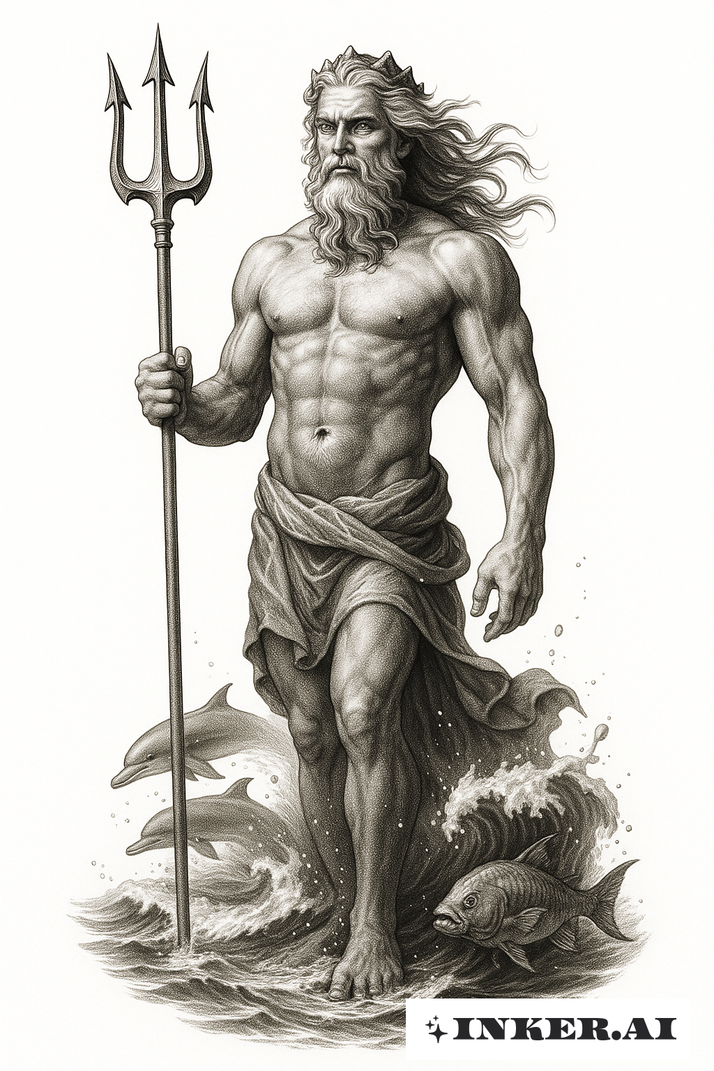A Serene And Powerful Poseidon Calming The Ocean