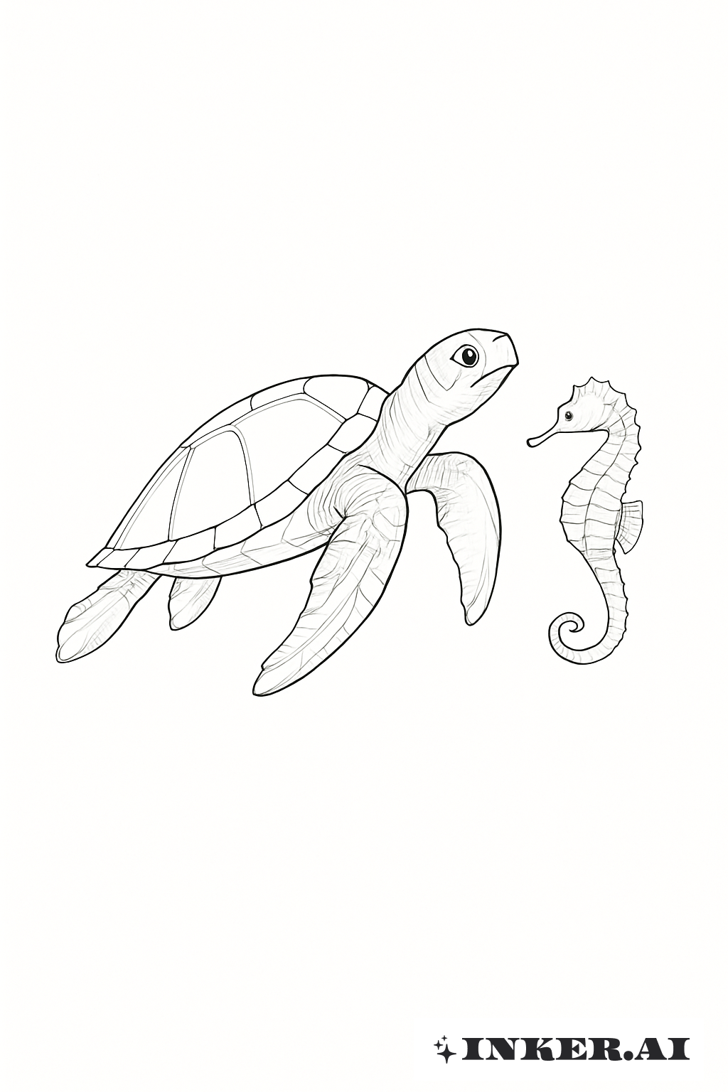 Ligne fine Tortue marine nageant avec un hippocampe