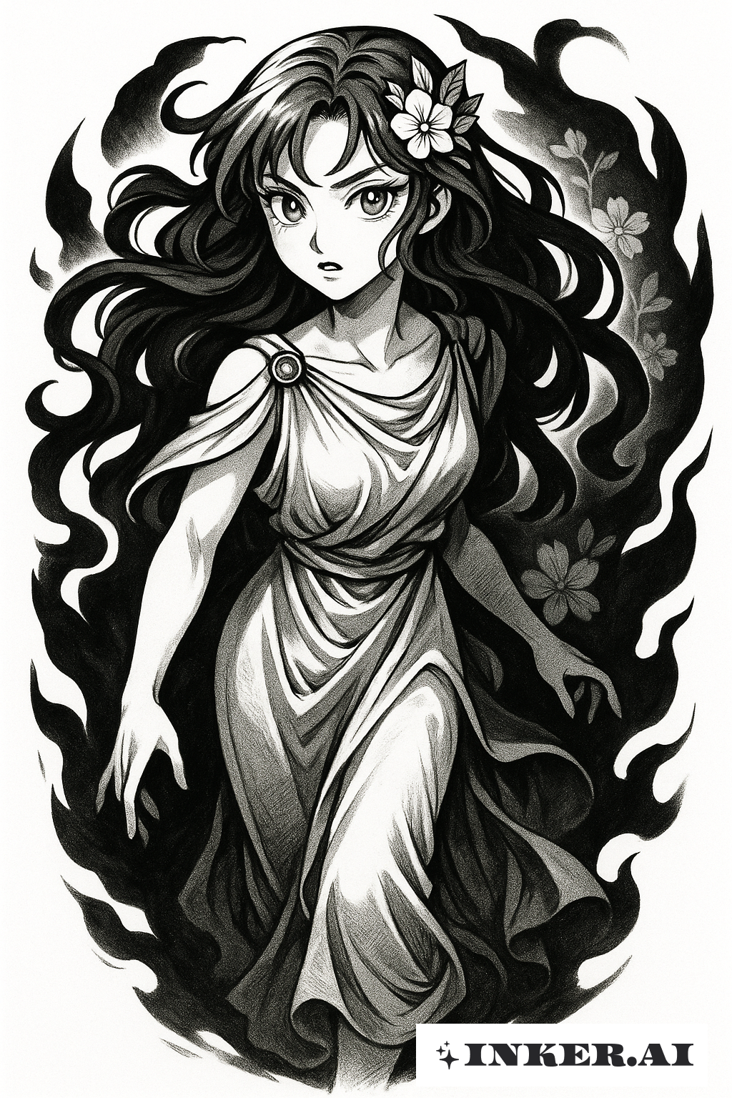 Manga Style Persephone Emerging From Shadows