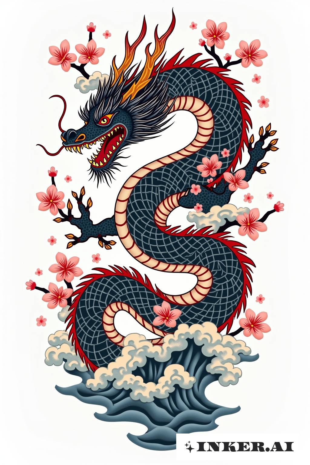 Ein japanischer Drache windet sich durch einen Haufen Kirschblüten mit lebhaften Farben und scharfen Details.