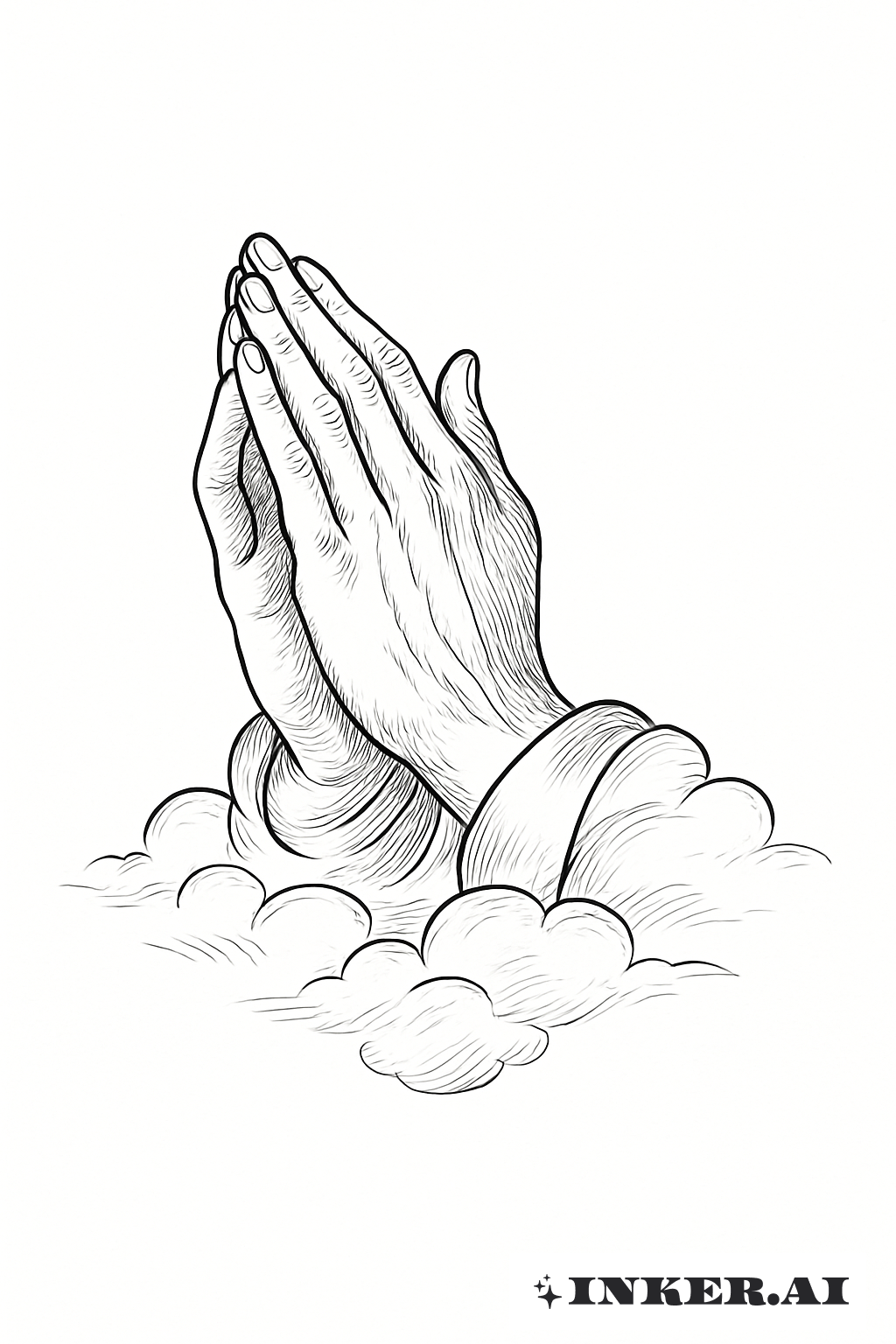 Praying Hands Emerging from Wispy Clouds