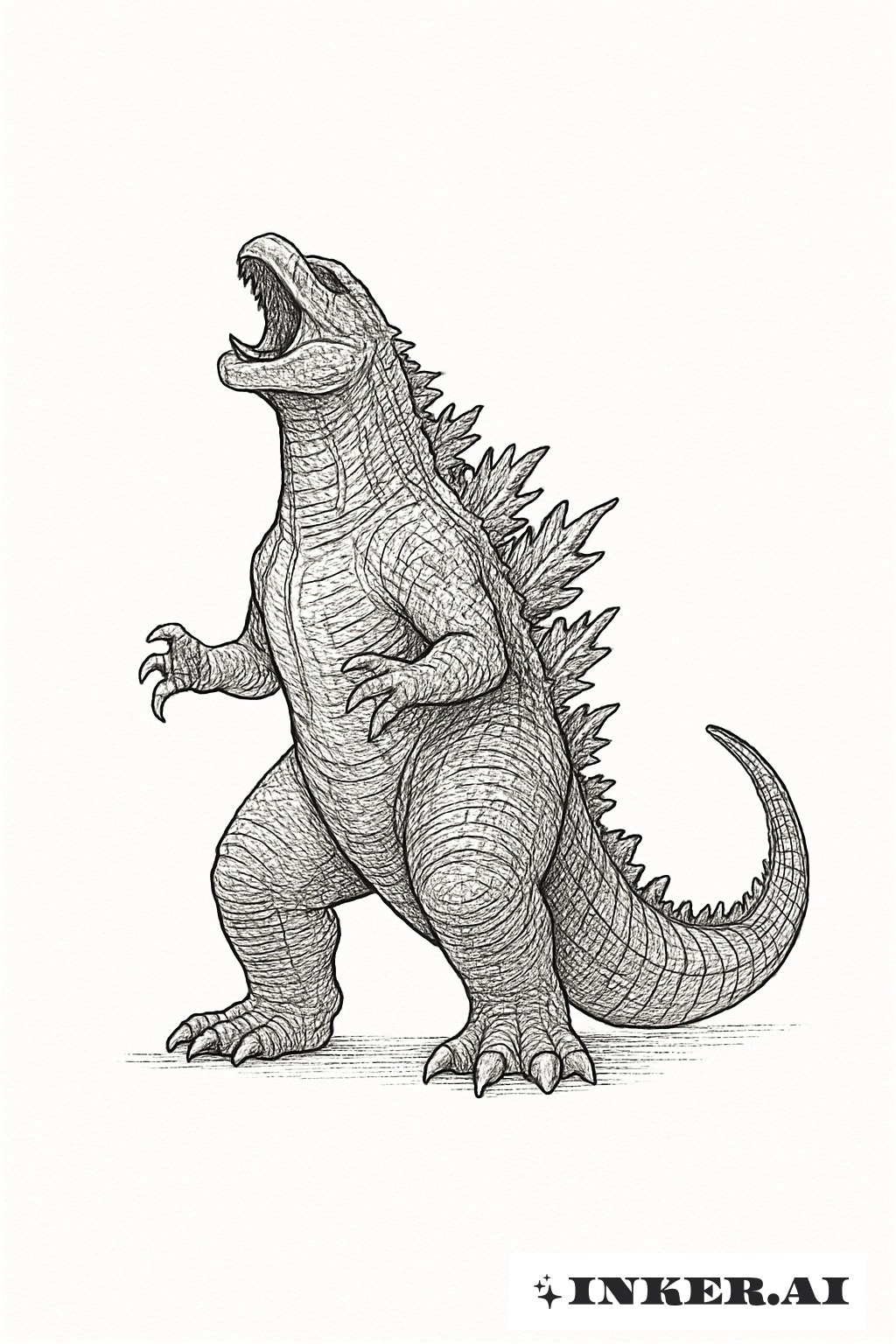 하늘을 향해 포효하는 미니 고질라 타투 디자인: 무료 다운로드 및 가상 체험, image size:1024x1536