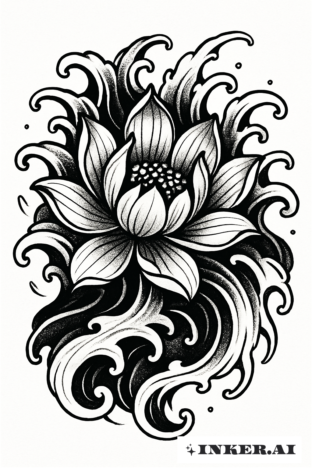 Bold Black and White Lotus Flower Waves