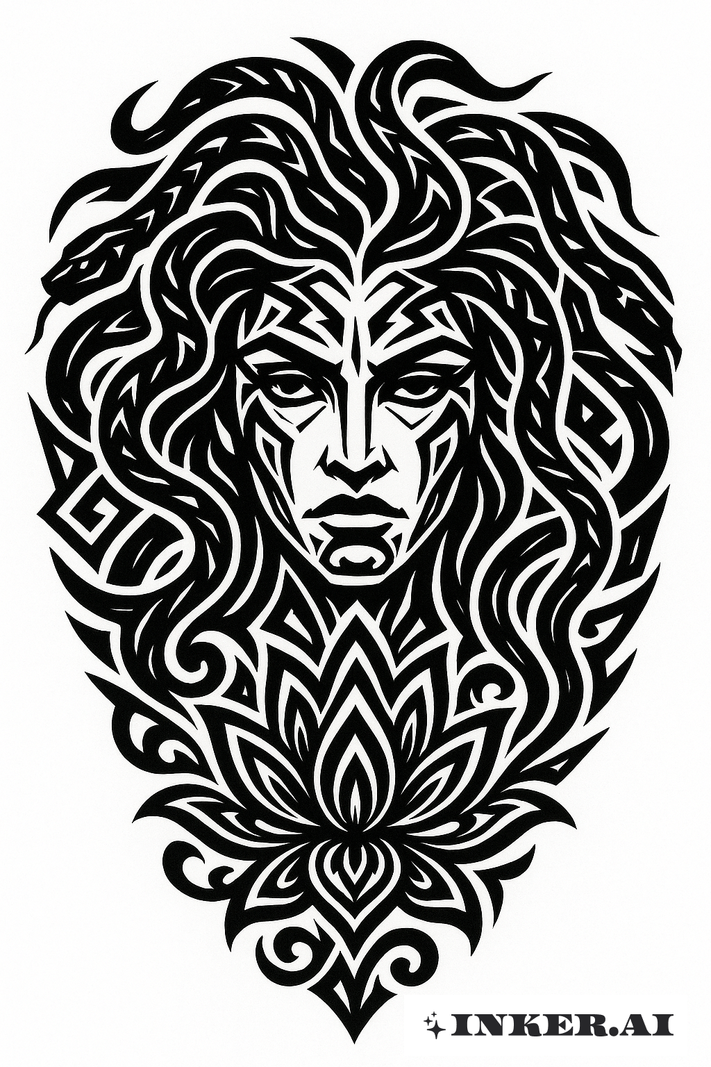 Abstract Tribal Medusa with Lotus Flower Accent
