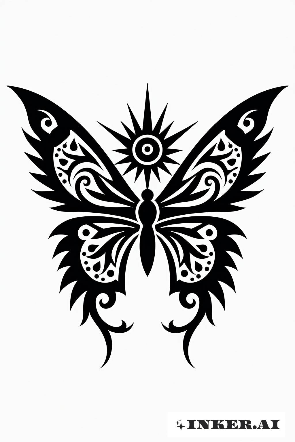 Eine auffällige Verschmelzung eines Tribal-Sonnenmotivs und eines Schmetterlings in Monochrom, tätowiert mit kühnen, komplexen Linien.