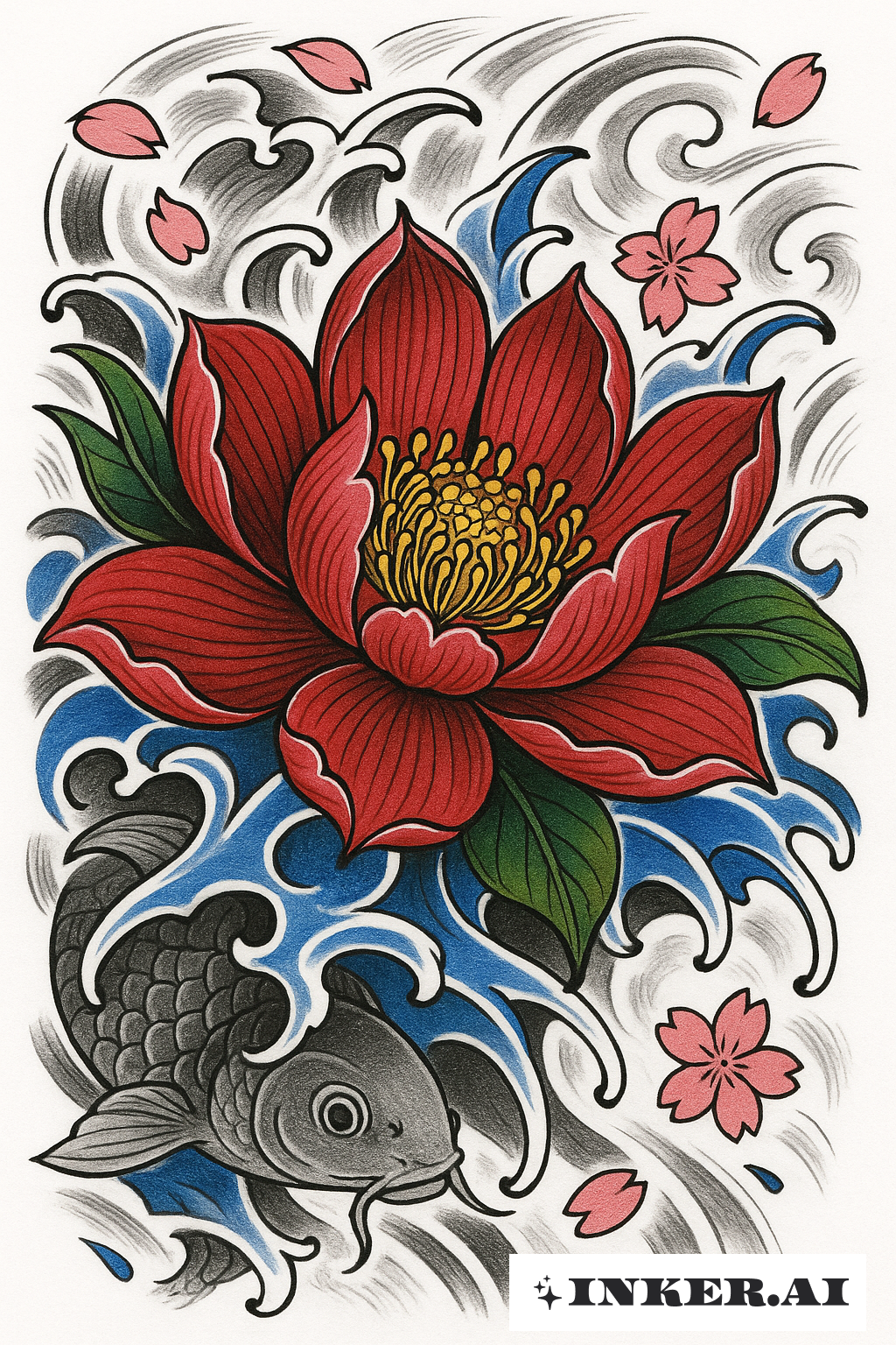 Ein farbenfrohes, traditionelles japanisches Lotus-Tattoo im Stil, das lebendige Rosa-, Blau- und Grüntöne mit filigranen Details zeigt.