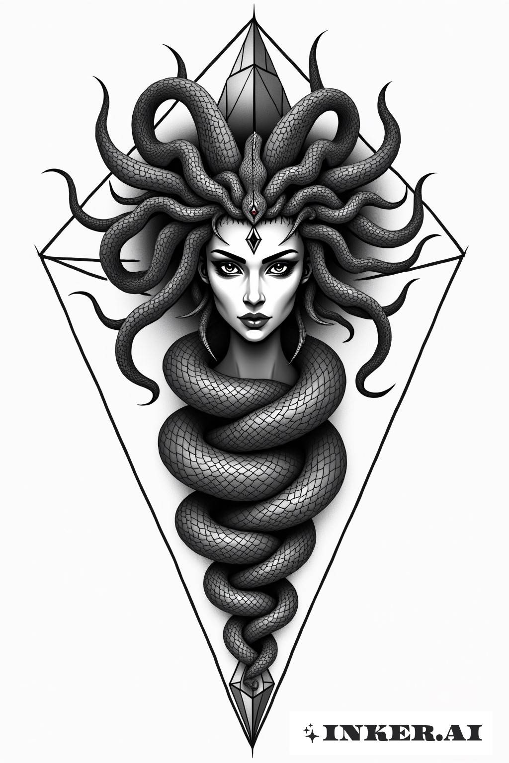 Một hình xăm hình học của Medusa với làn tóc xoăn như obsidian rơi đổ và các họa tiết chi tiết.