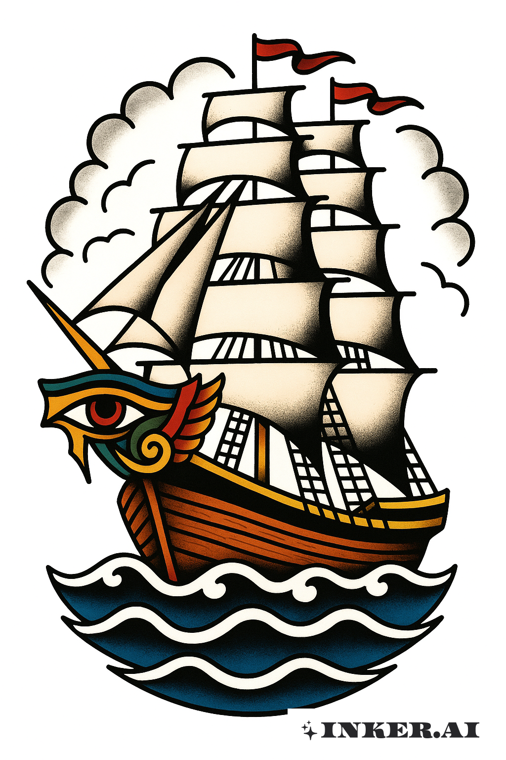 ホルスの目の船首像を持つ帆船のタトゥーデザイン：無料ダウンロード＆バーチャル試着, image size:1024x1536