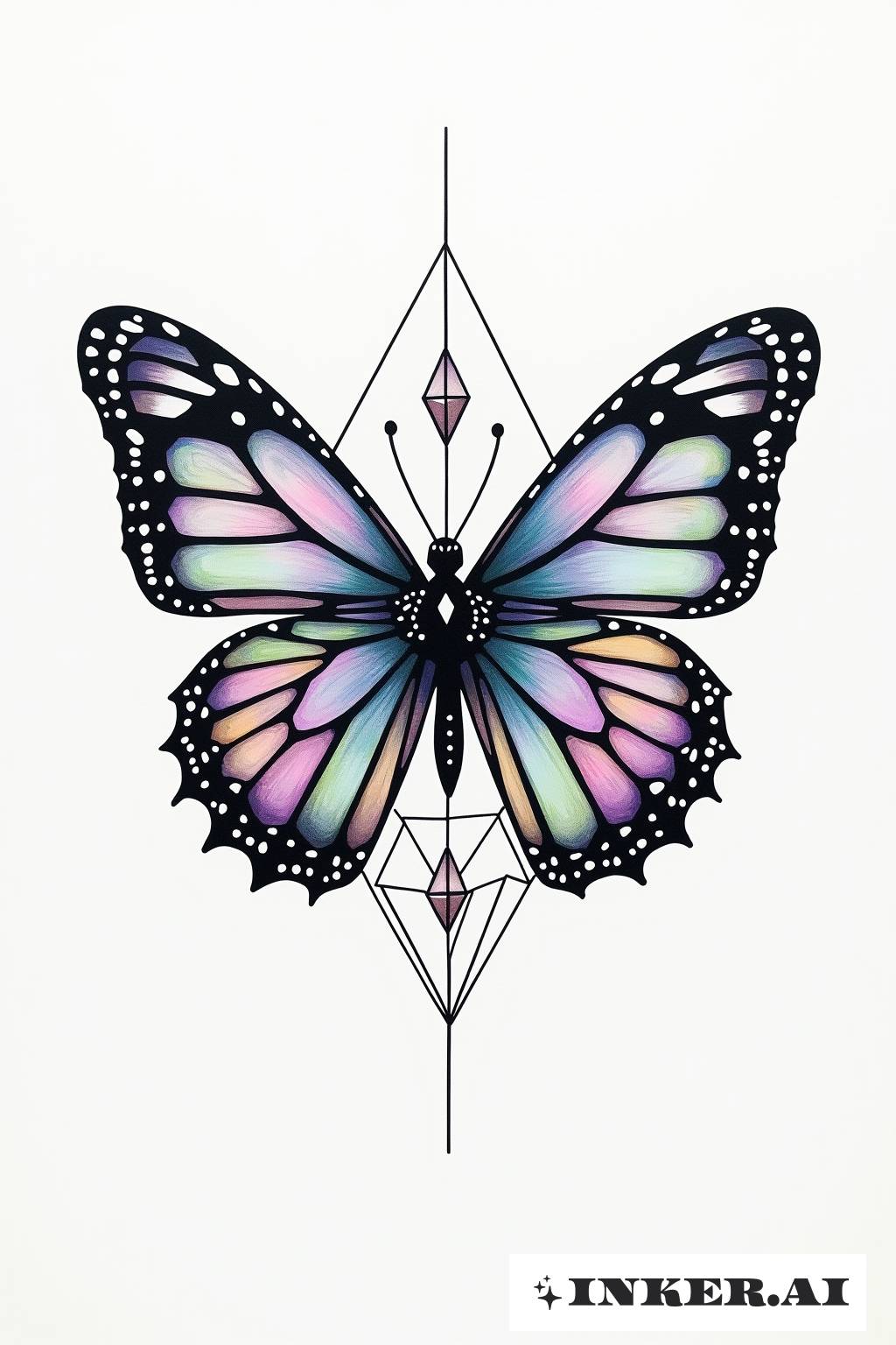 Ein Tattoo von Schmetterlingsflügeln, dargestellt als komplexe geometrische Prismen auf dem Oberarm einer Person.