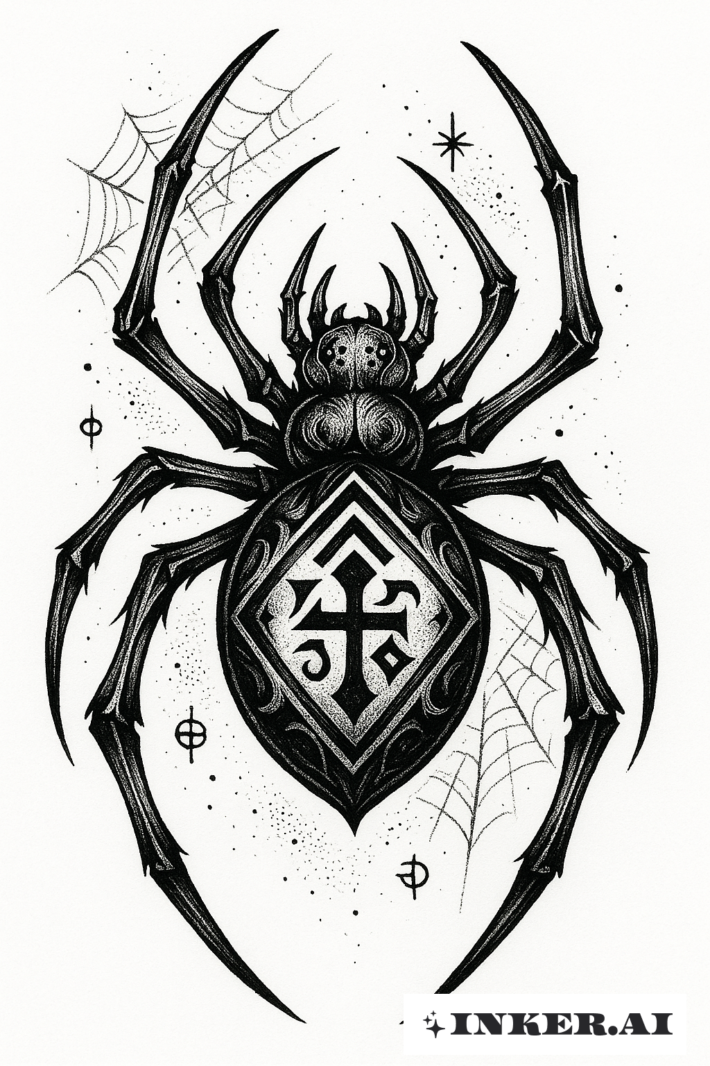 Un dessin détaillé d'une araignée avec des traits sombres et des motifs complexes symbolisant la Brigade Fantôme et Chrollo de l'anime.