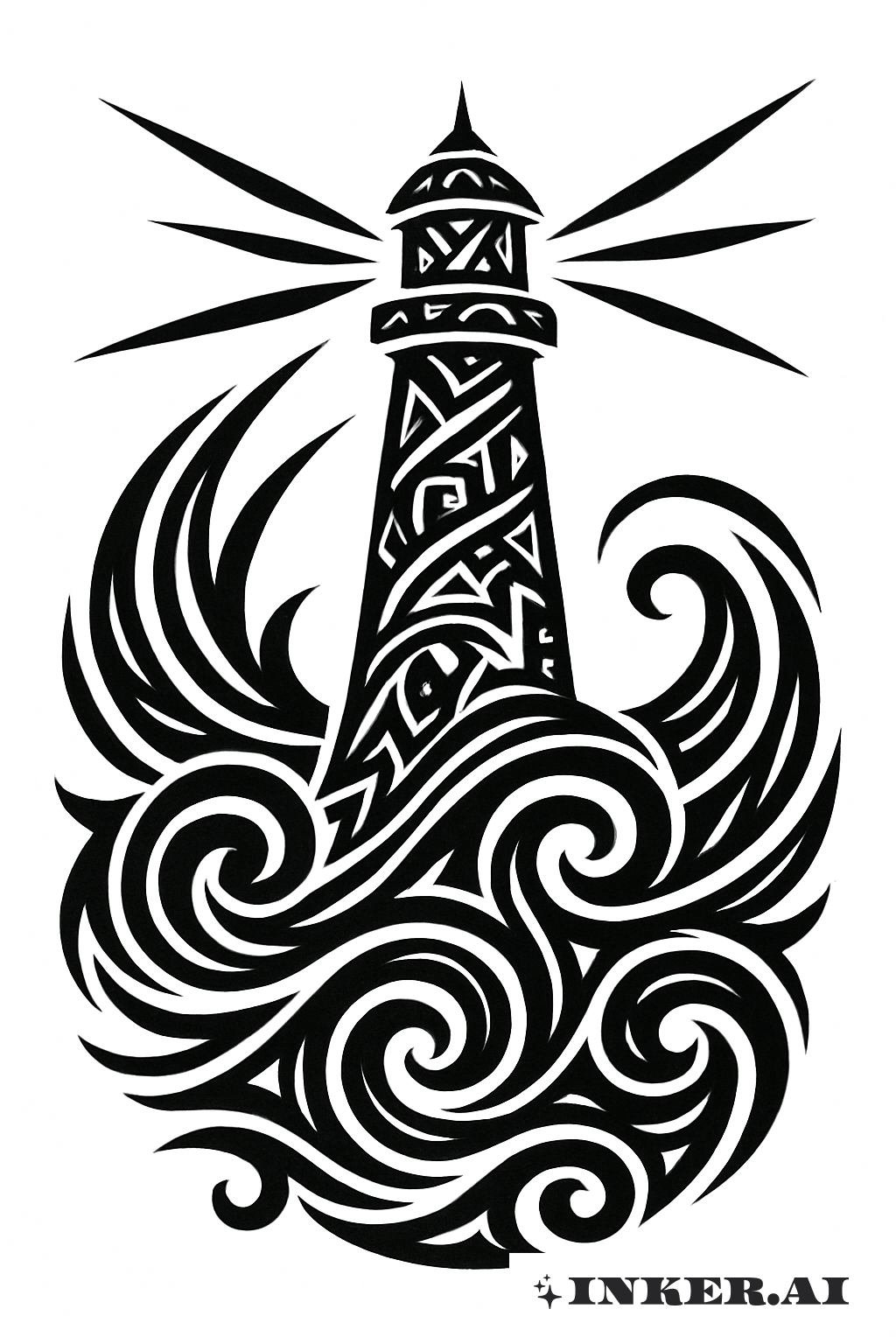 Flowing Tribal Lines Lighthouse And Sea
