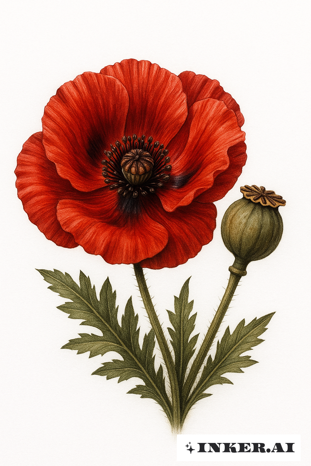 Realistischer Klatschmohn und seine Samenkapsel