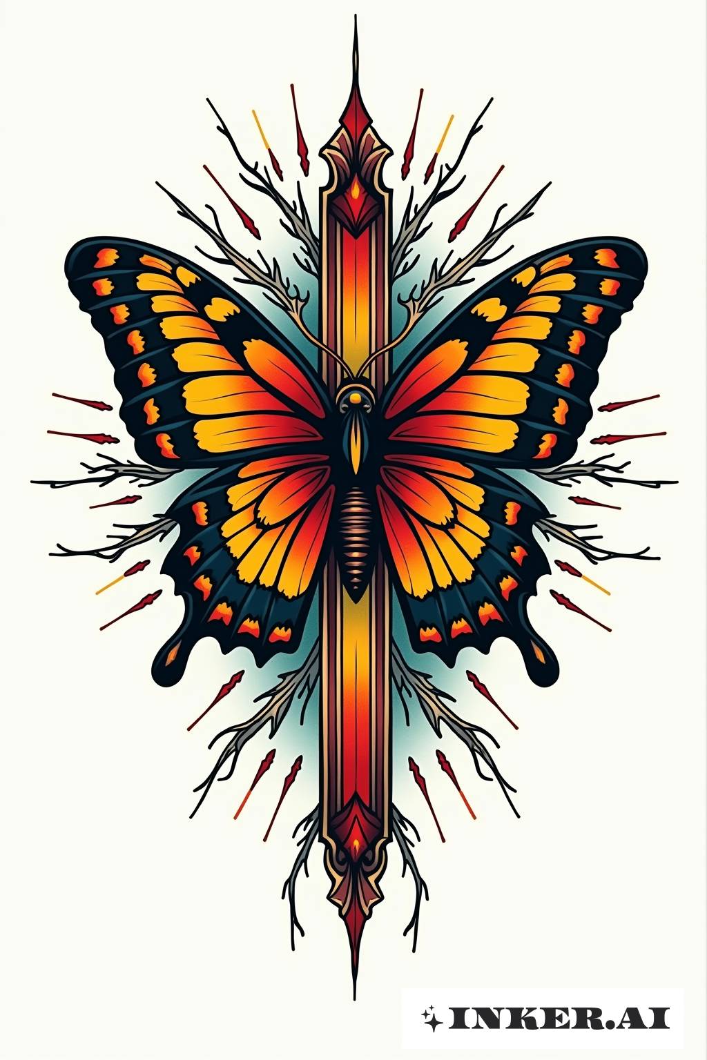 Un tatuaje de mariposa con colores vibrantes y contornos audaces, integrando un símbolo de cruz en su diseño.