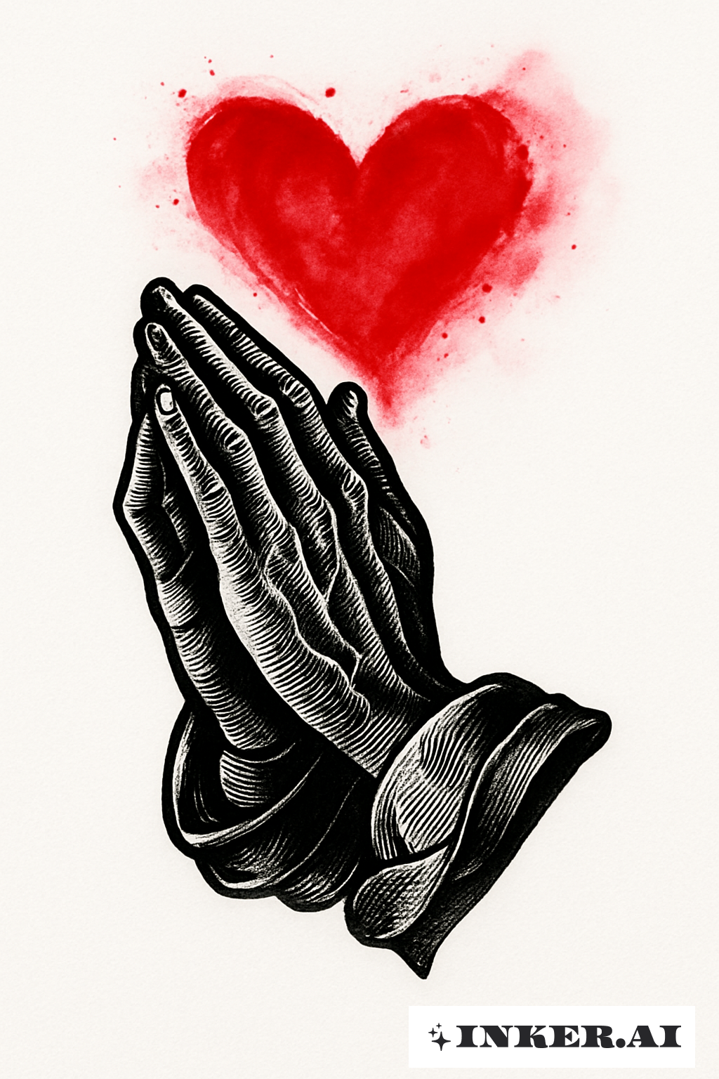 Blackwork Praying Hands with a Red Watercolor Heart
