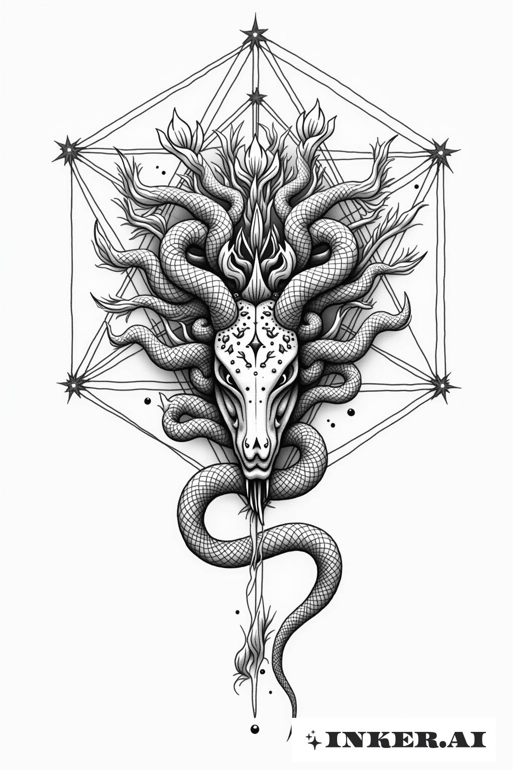 Un rostro de Medusa con víboras en floración alrededor en un estilo de tatuaje de líneas finas en blanco y negro.