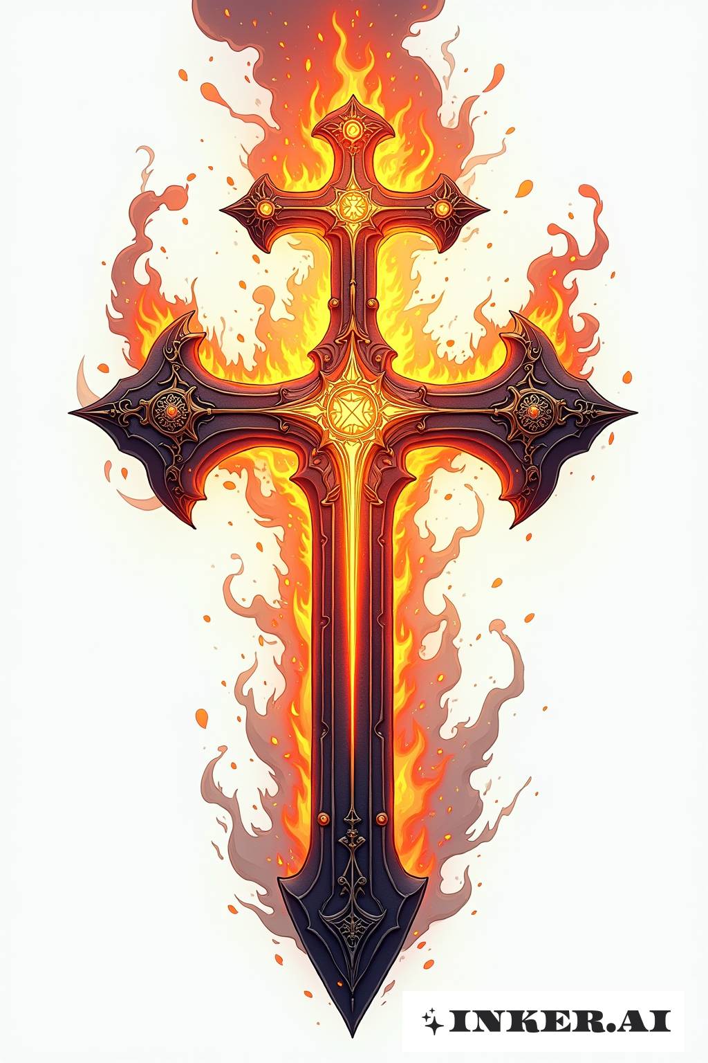 Ein Kreuz mit einem feurigen Schwertstich, das sich vor einem schwarz - und - roten Hintergrund befindet.