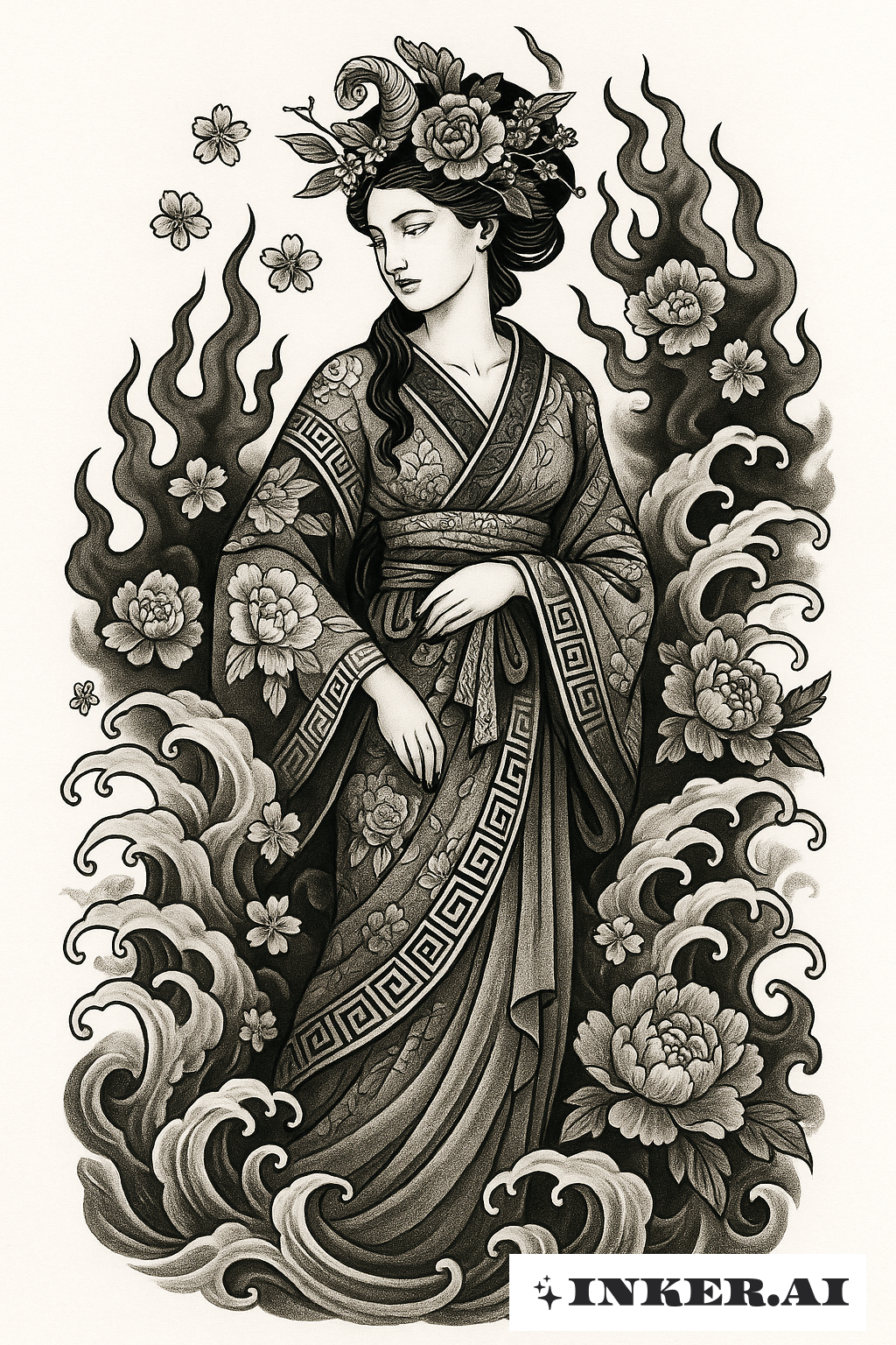 Persephone Amidst Waves And Underworld Flames