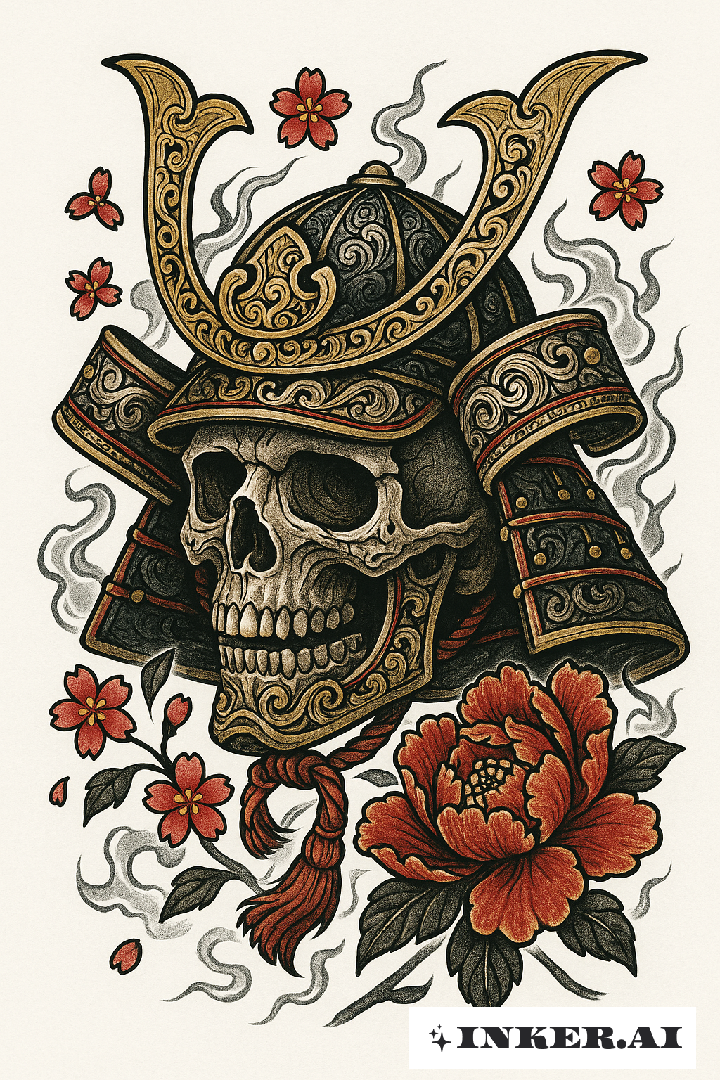 Samurai-Helm und Totenkopf als Memento Mori