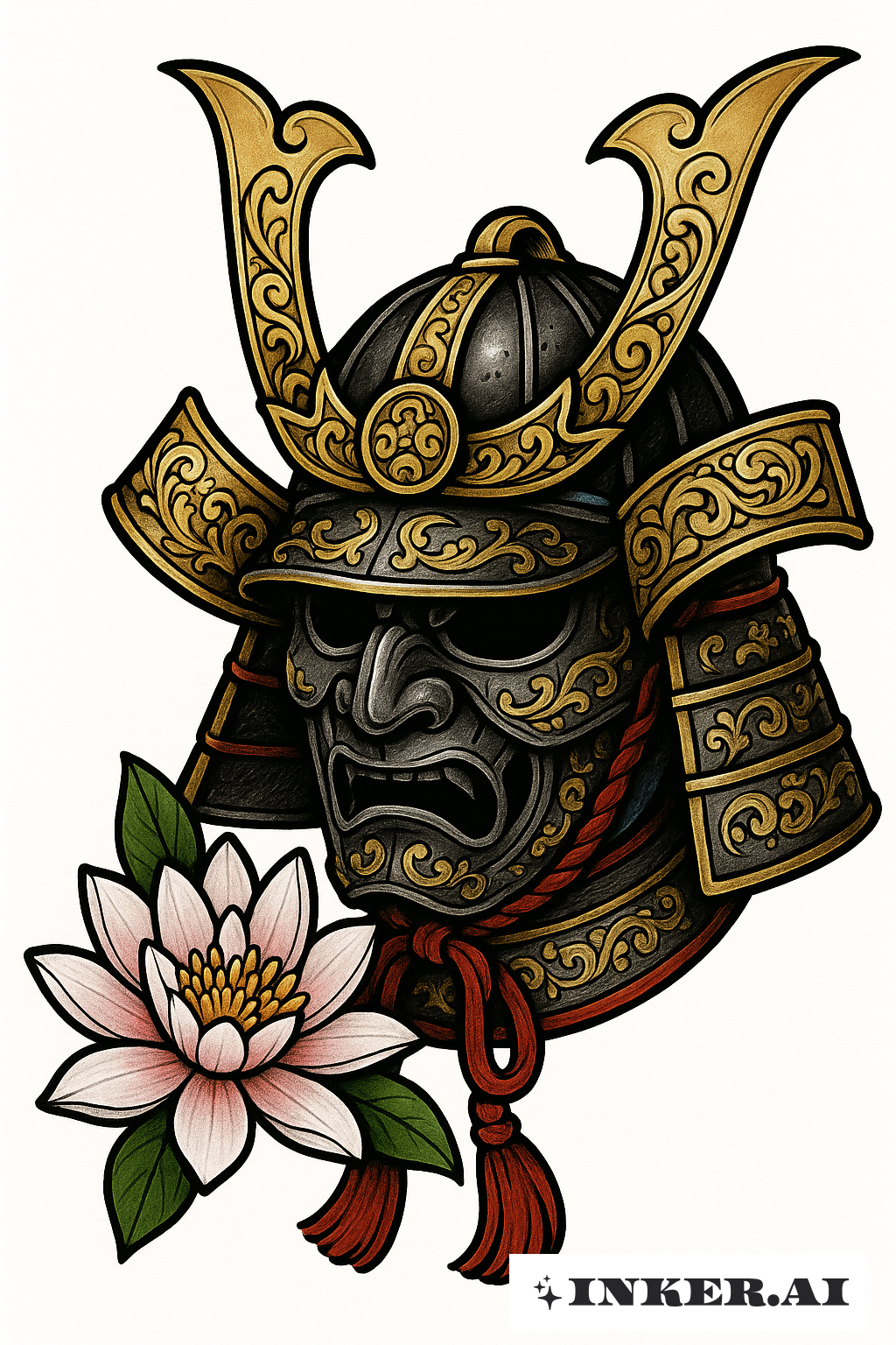Samurai Kabuto And A Single Water Lily