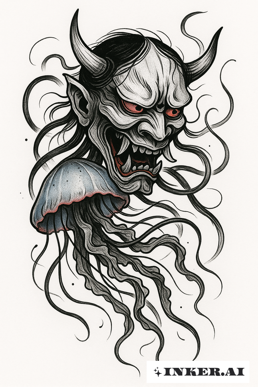 Oni Mask Entangled In Jellyfish Tentacles
