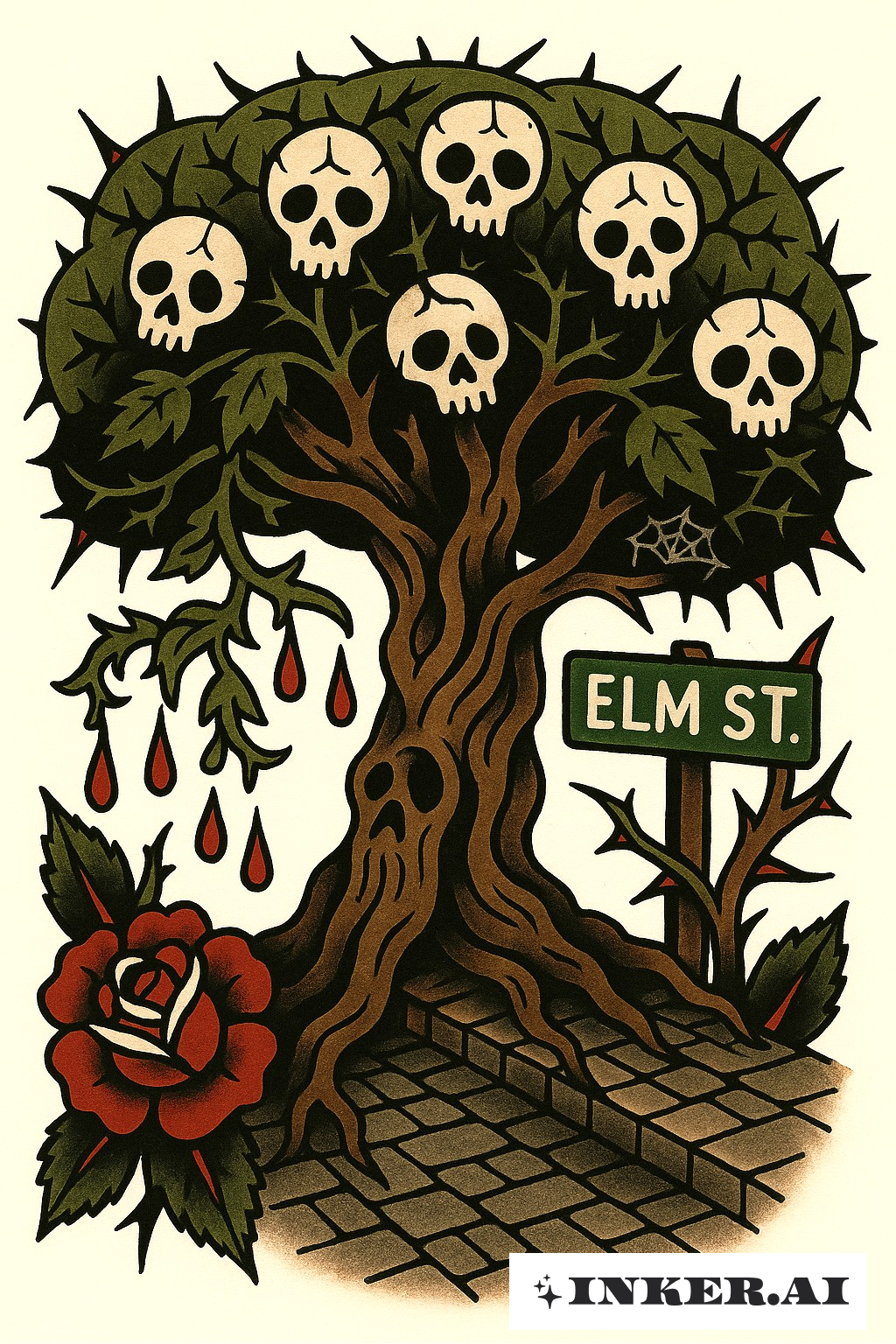 Um design de tatuagem intrincado com um dossel de árvore venenosa entre nuvens turbulentas e galhos impressionantes na Rua Elm.