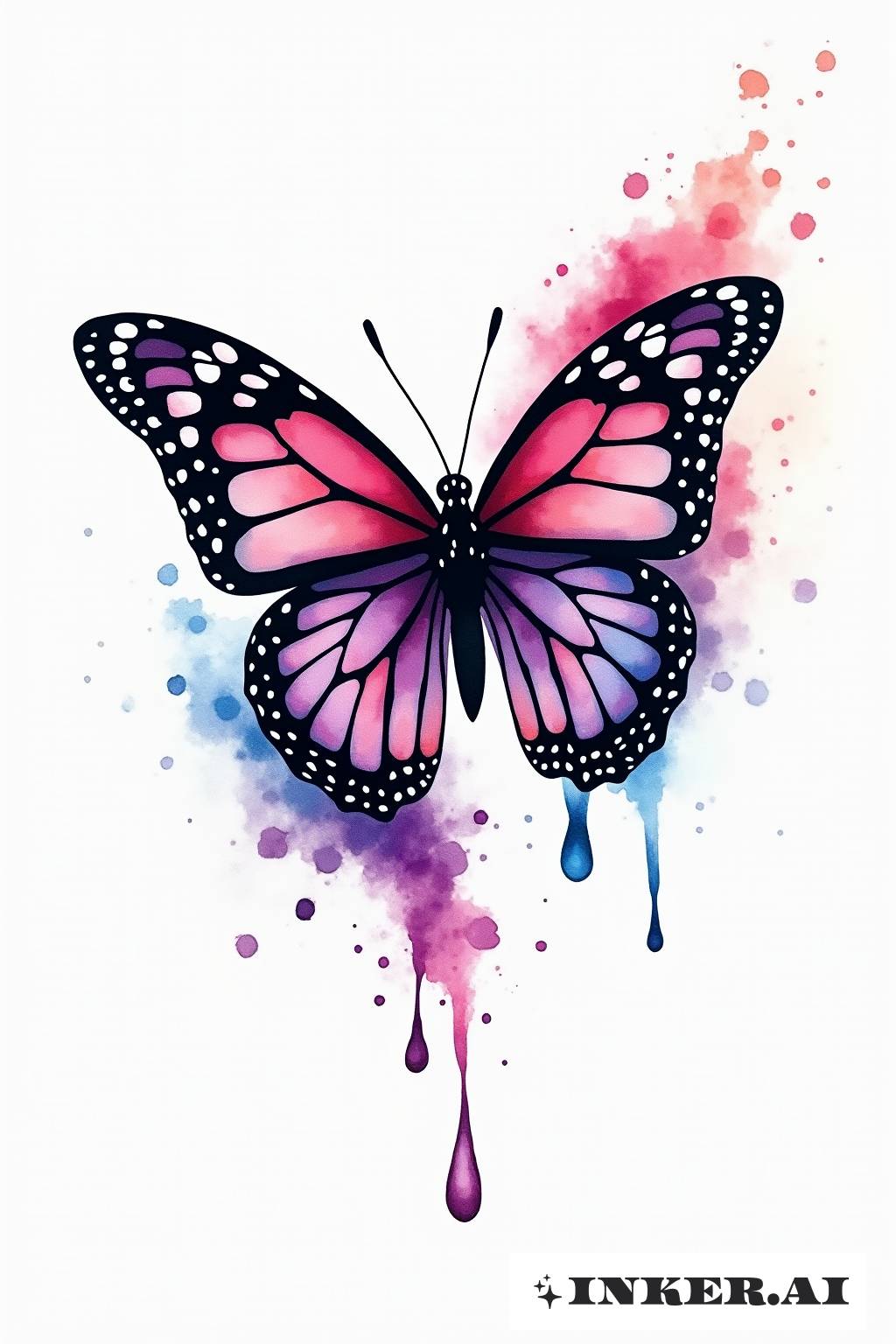 Un papillon magnifiquement délicat, semblant se dissoudre en une collection d'éclaboussures d'encre, rendu dans un style aquarelle vif créant une apparence éthérée.