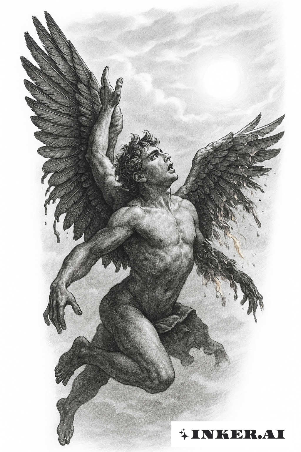 リアリスティックな空から墜落するイカロス