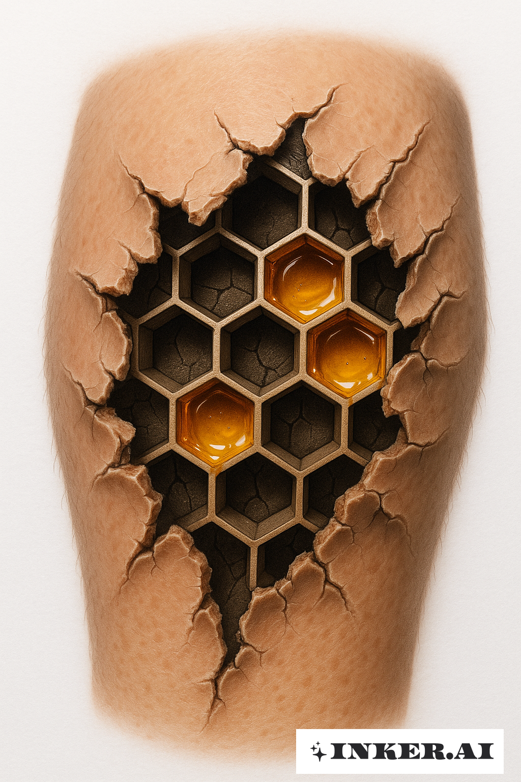 Haut, die aufbricht, um einen Bienenwaben freizulegen