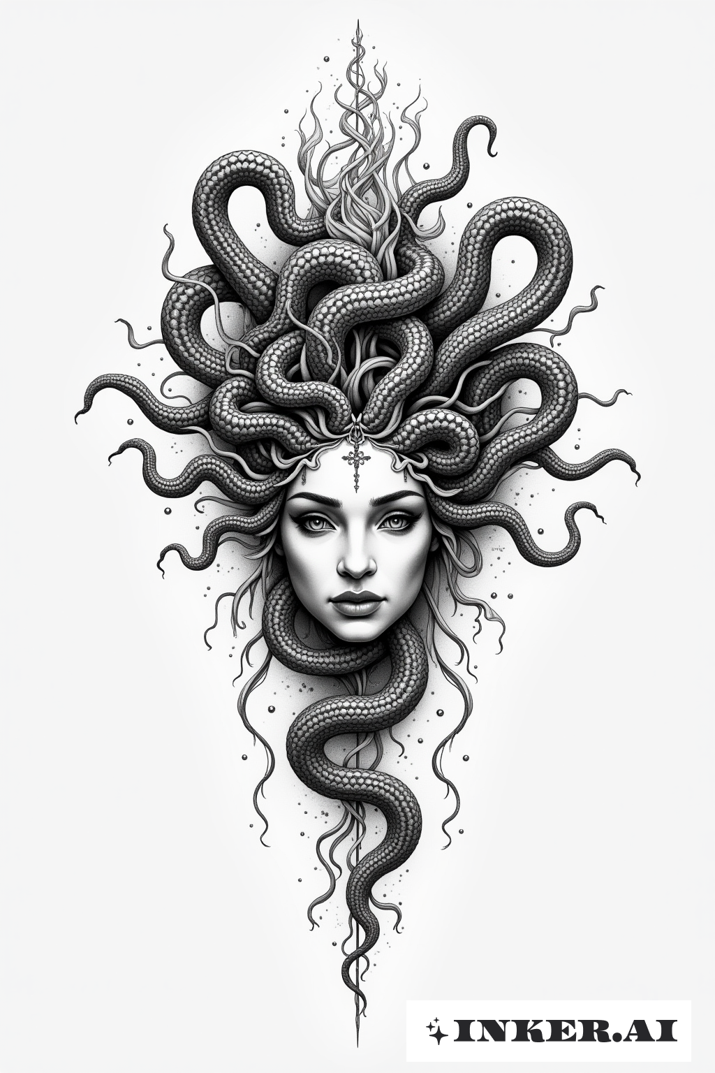 美杜莎以蛇发和经典半身像迷人的描绘，采用精致线条风格。
