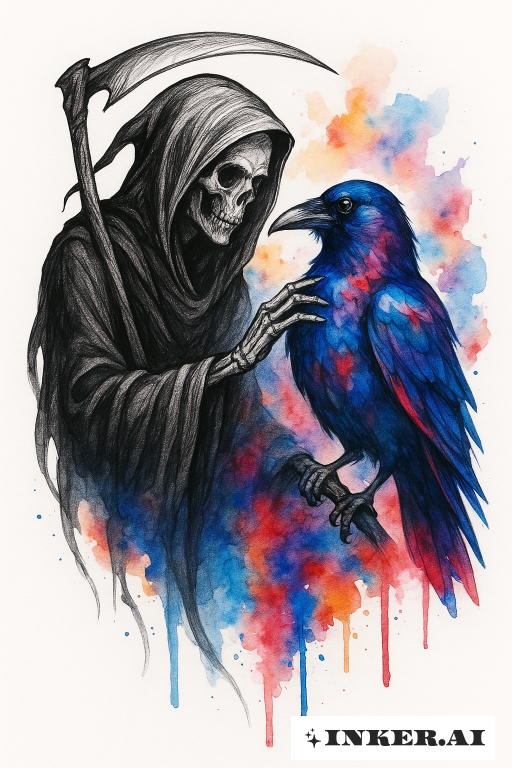 Der Sensenmann und ein Lebhafter Aquarell-Rabe