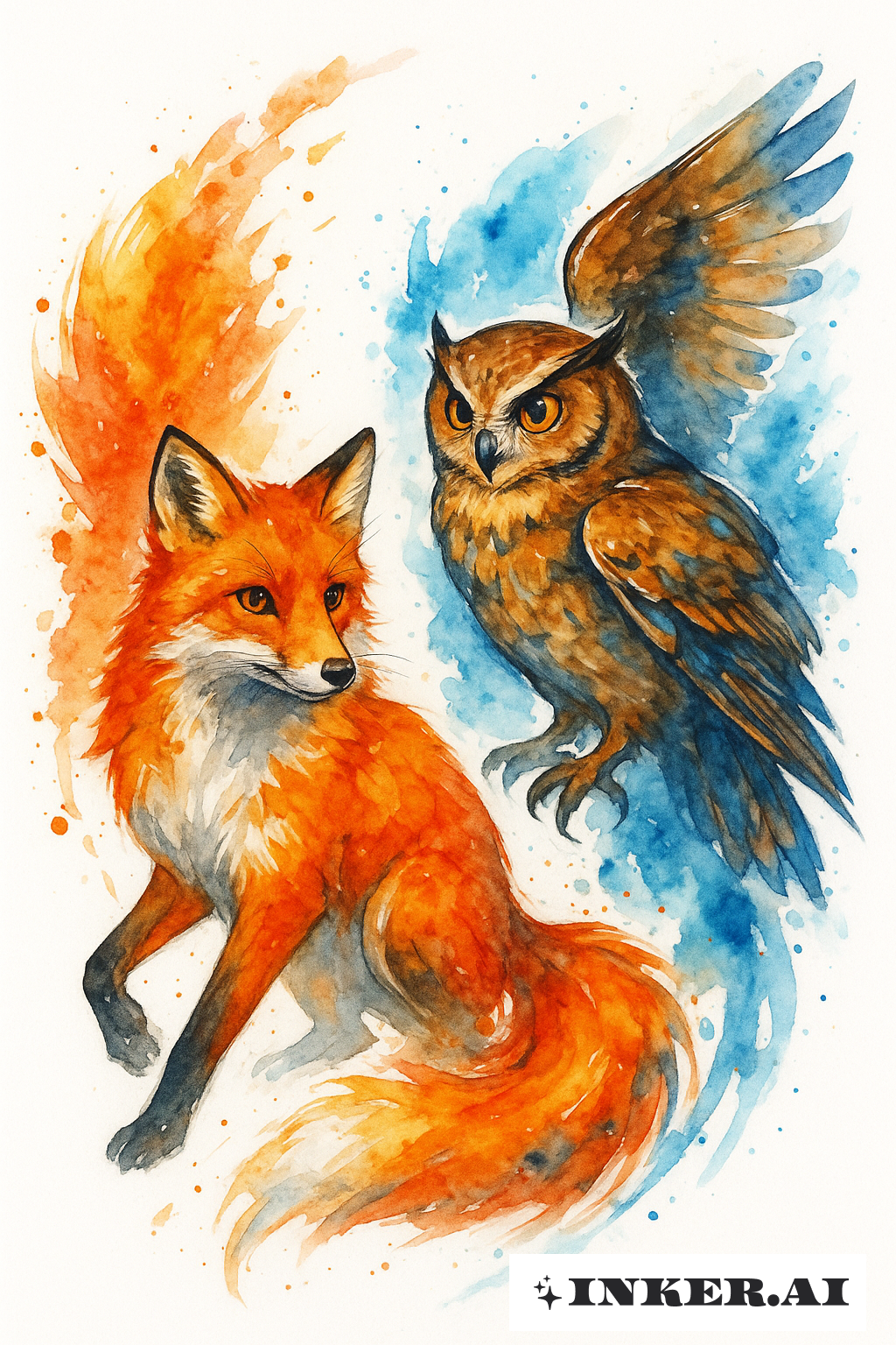 Un renard vibrant et une chouette dans un style aquarelle