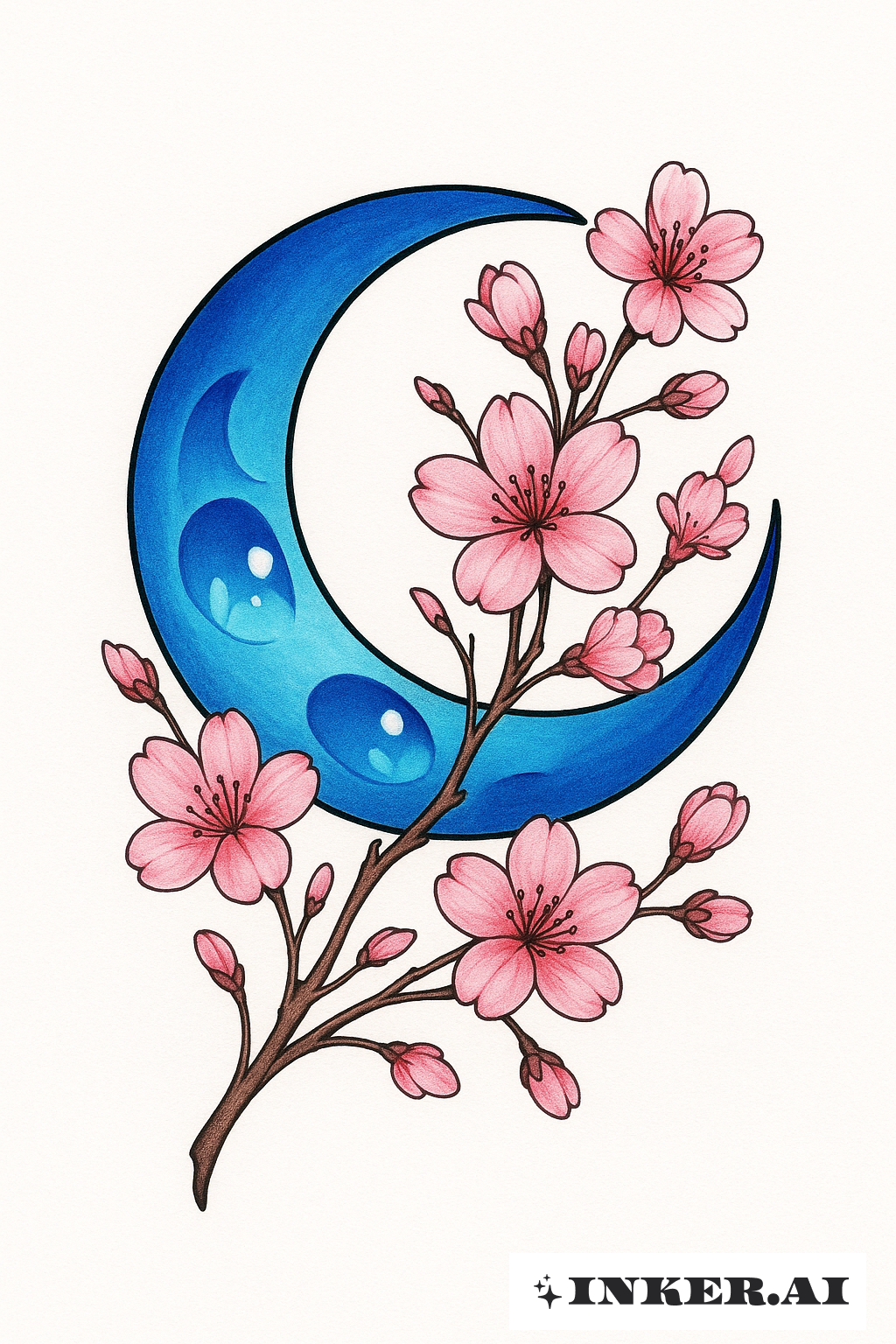 Blue Crescent Moon With Cherry Blossoms