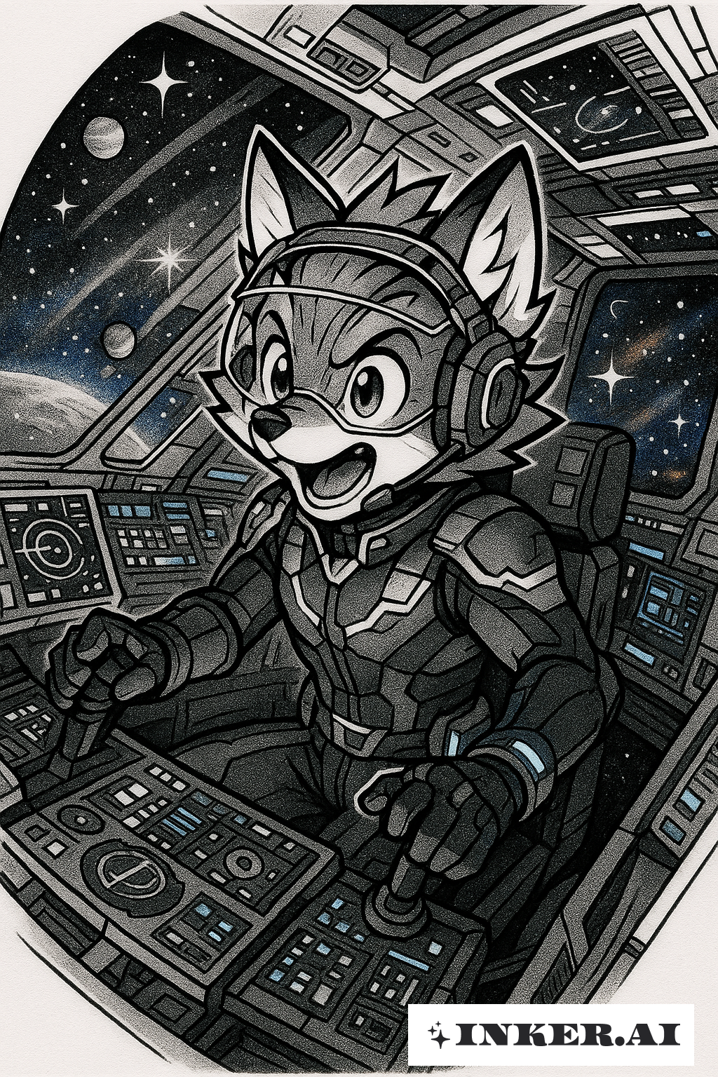 Un renard pilote galactique dans son vaisseau spatial
