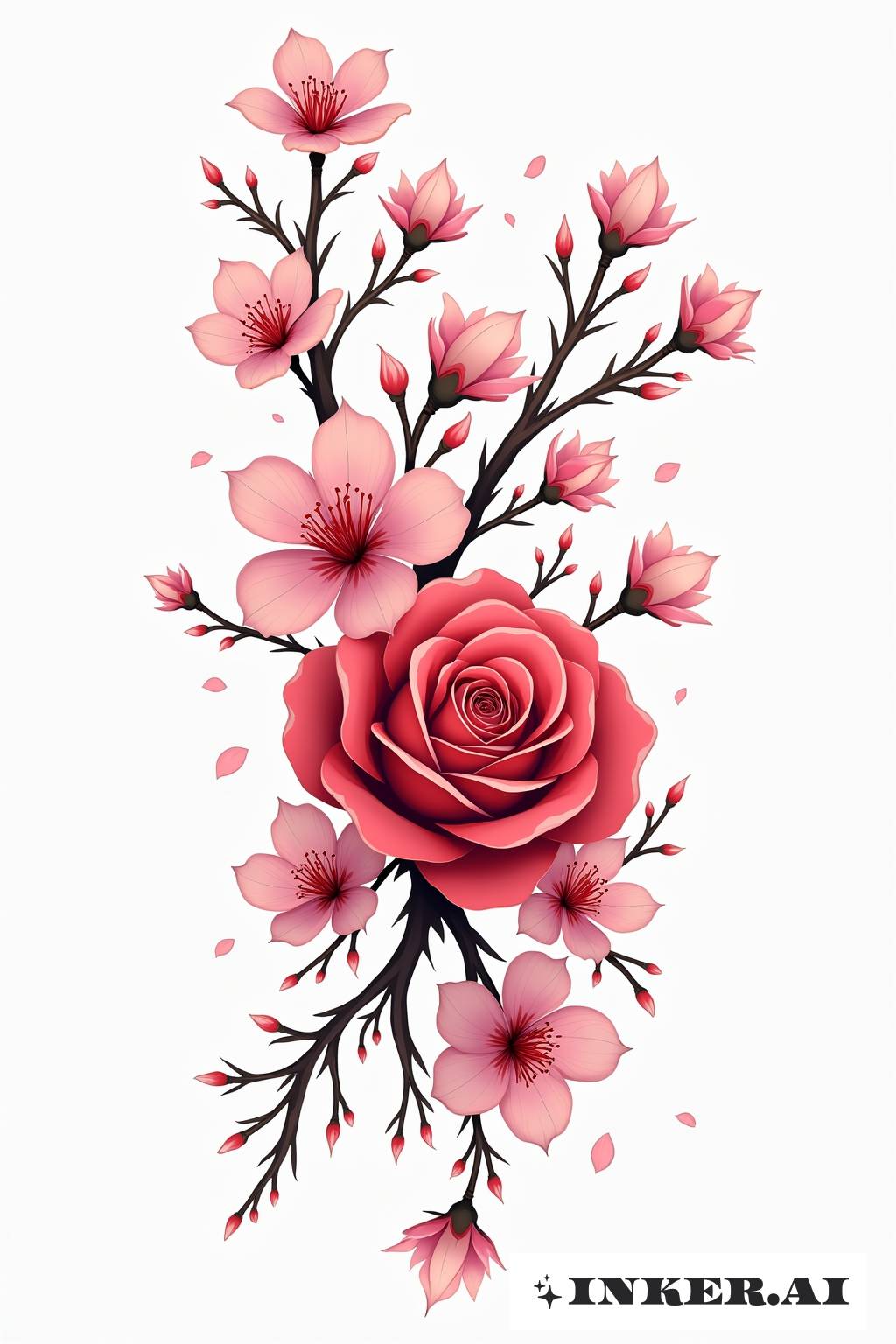 Eine Mischung aus Kirschblüten und Rosen in einem Anime-Style-Tattoo mit lebhaften Farben und zarten Blütenblättern.
