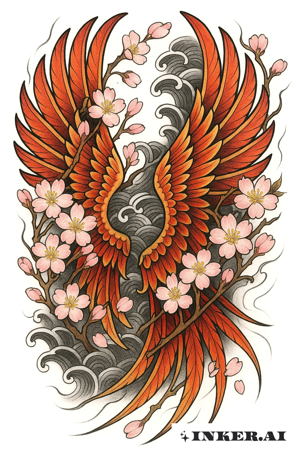 A vibrant tattoo design featuring a phoenix with elegant wings, intertwined with delicate cherry blossom branches, rendered in a dynamic and flowing style.