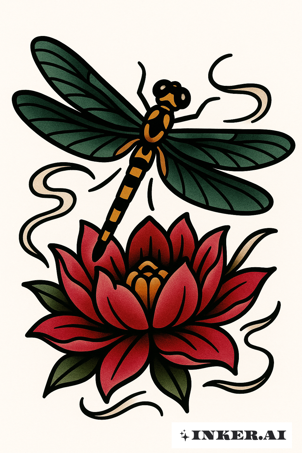 Traditional Dragonfly over a Lotus Flower