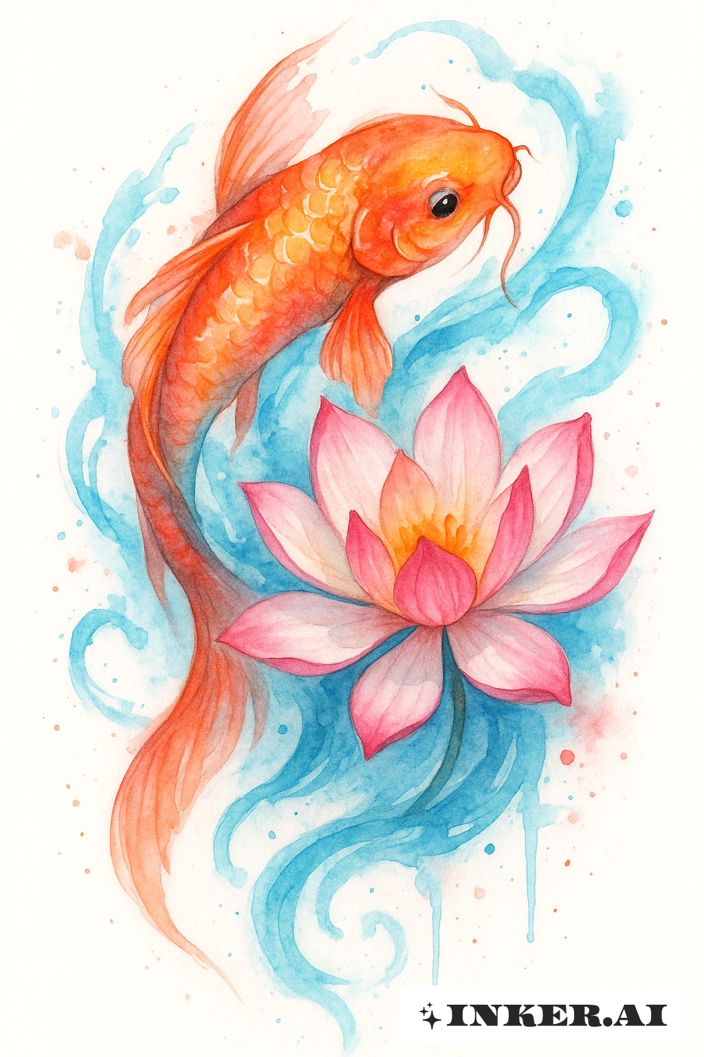 Un tatuaje acuarela vívido con un pez koi nadando graciosamente alrededor de una flor de loto, rodeado de salpicaduras de colores vibrantes.