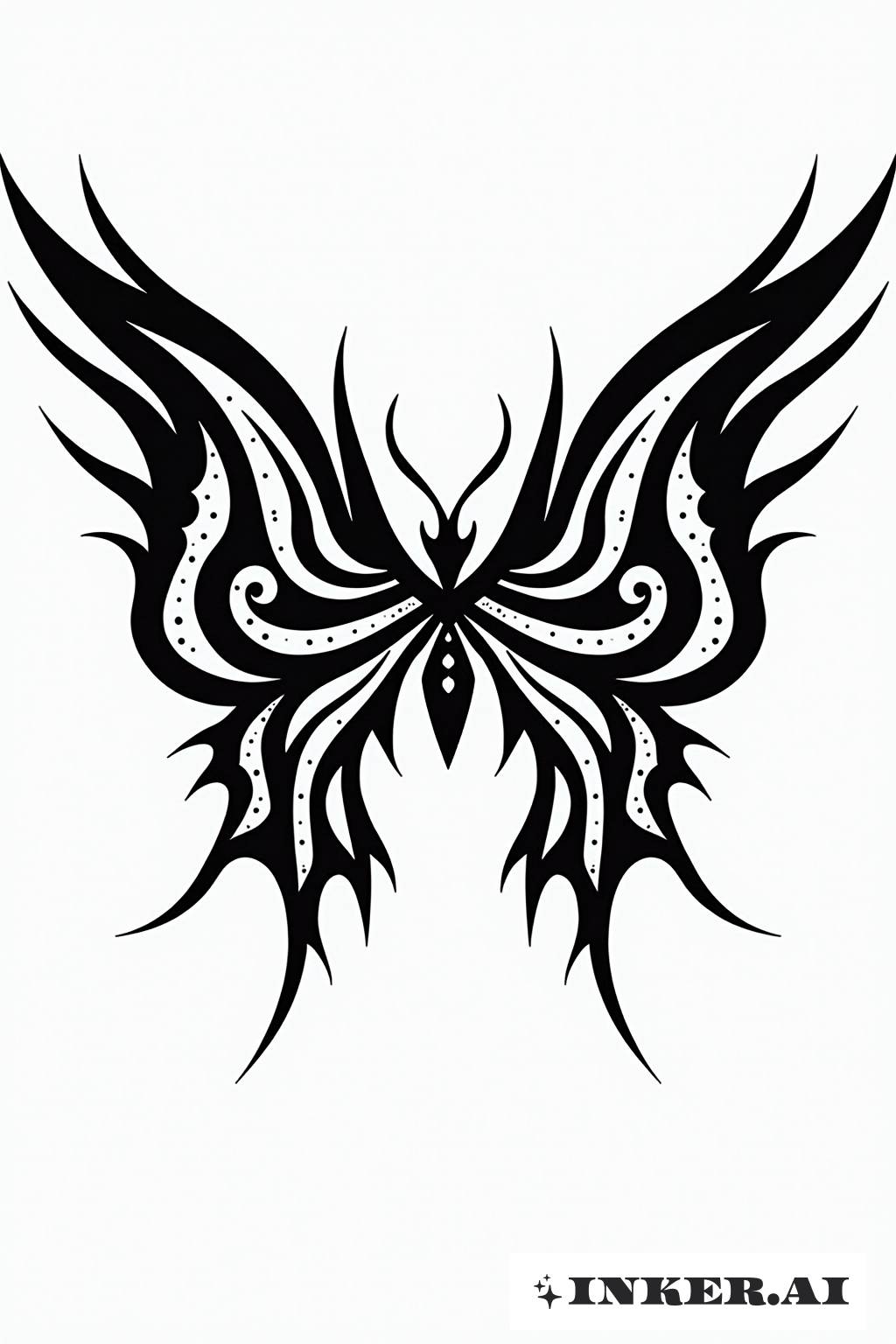Un tatuaje de estilo tribal que muestra dos alas de mariposa con patrones geométricos y acentos punteados.