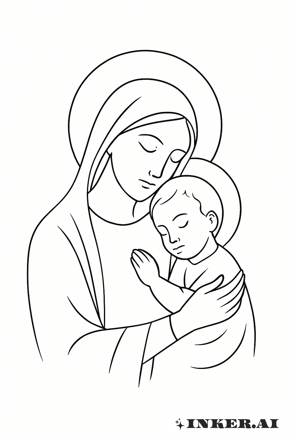 Đường Nét Maria Đồng Trinh Ôm Bé Giêsu