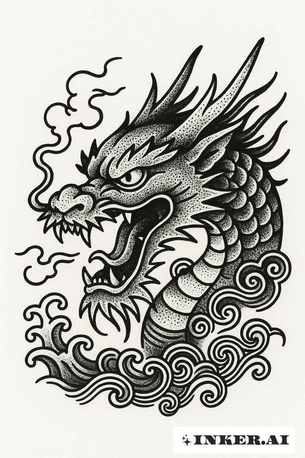 Cabeça de Dragão Feroz com Stick And Poke