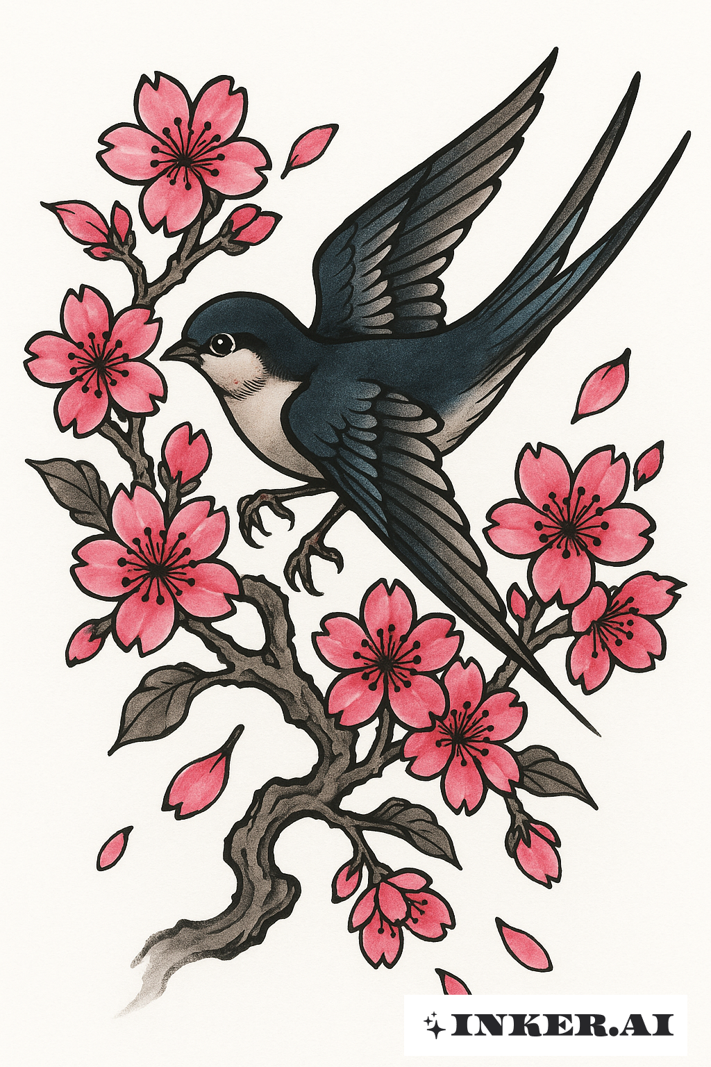 Swallow Perched On A Sakura Branch