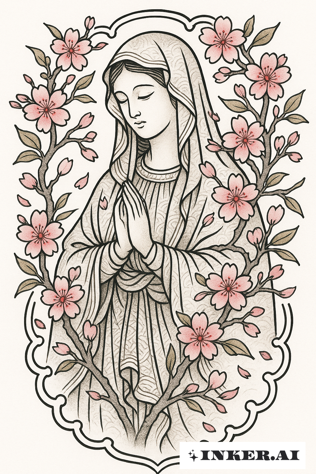 La Vierge Marie avec des fleurs de cerisier japonais