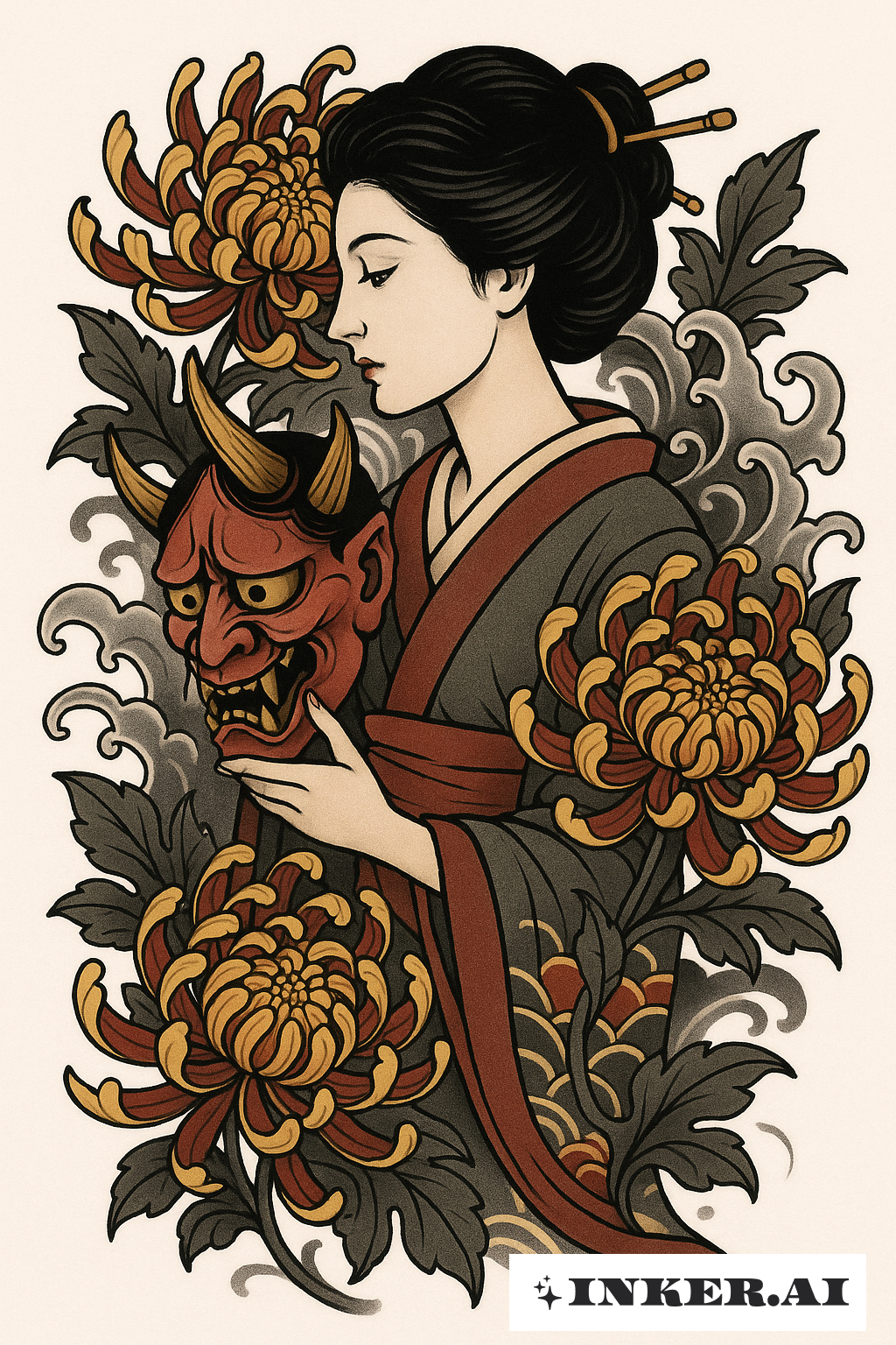 Persephone With A Hannya Mask And Chrysanthemums