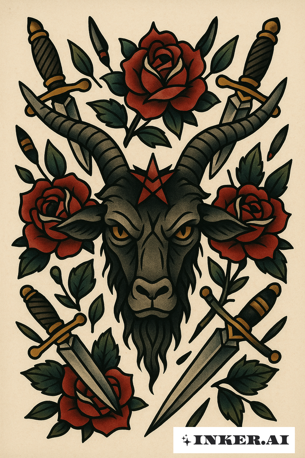 Baphomet-Kopf mit Rosen und Dolchen