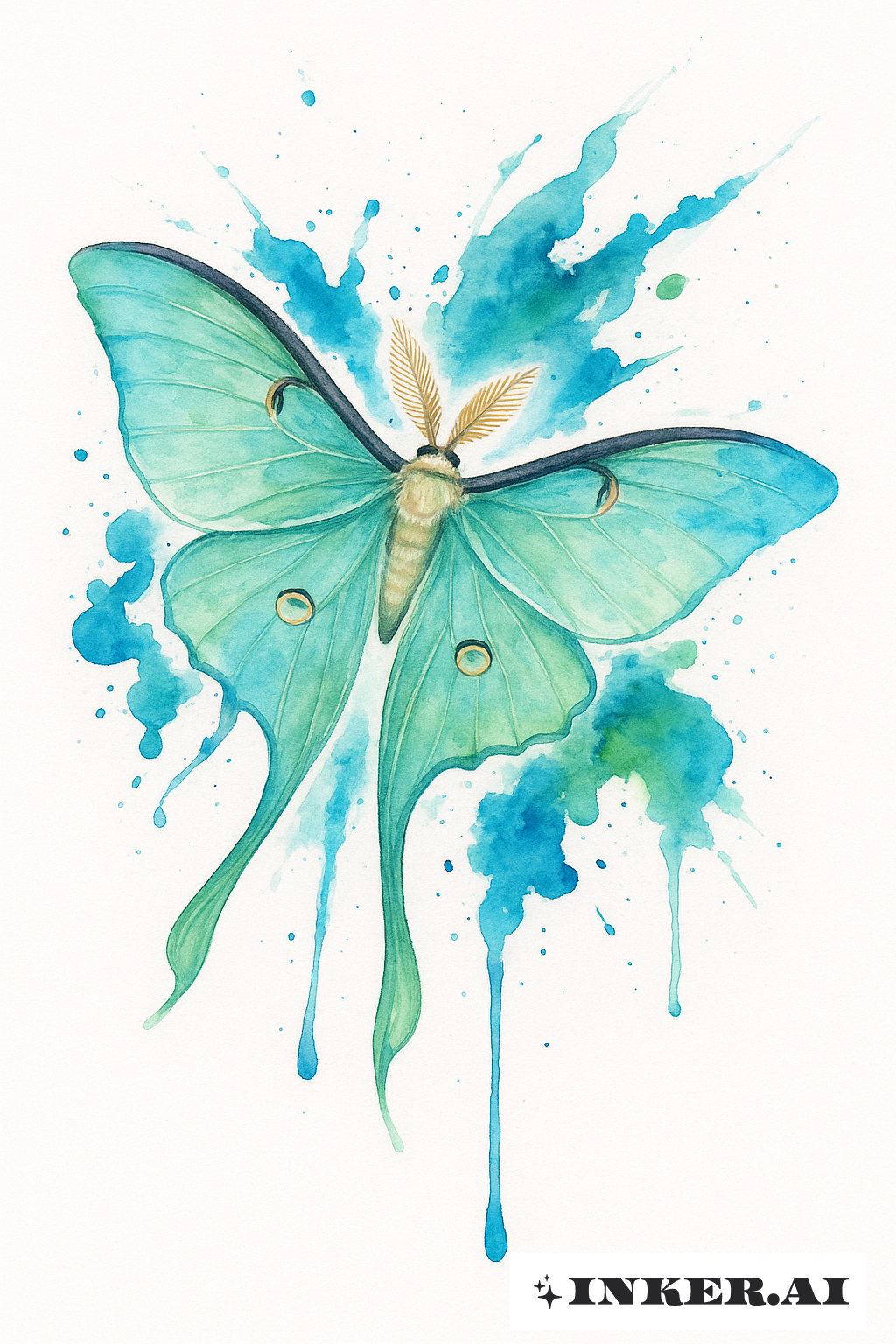 Luna Moth With Blue And Green Splashes